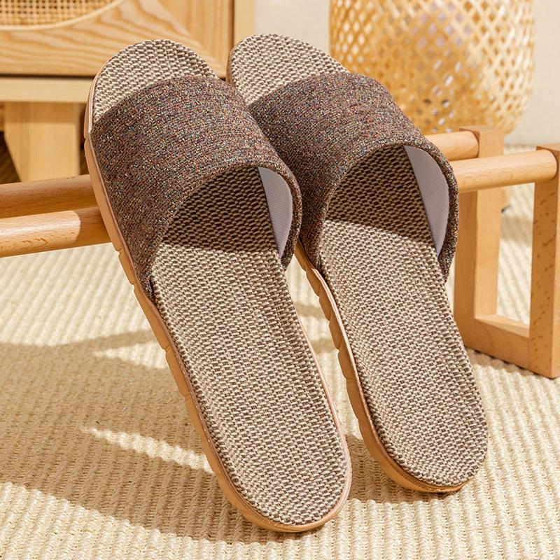 Льняные тапочки для домашнего использования, на толстой подошве из травы для летнего использования мужчинами и женщинами, прохладные тапочки для домашнего использования, нескользящие и без запаха для использования в помещении. 44-45 кофейный